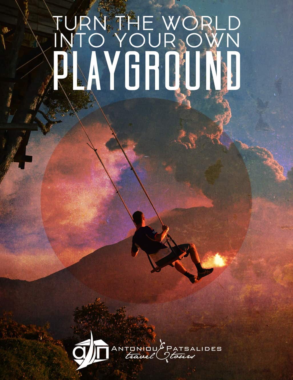 A boy riding a swing in the air, by Antoniou Patsalides Travel and Tours.