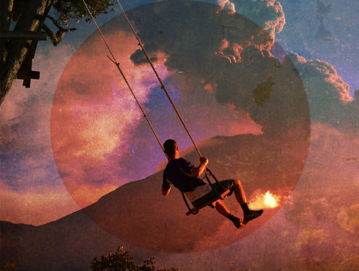 A man on a swing tied to a tree, with the moon and a mountain as a background as part of artistic editing.