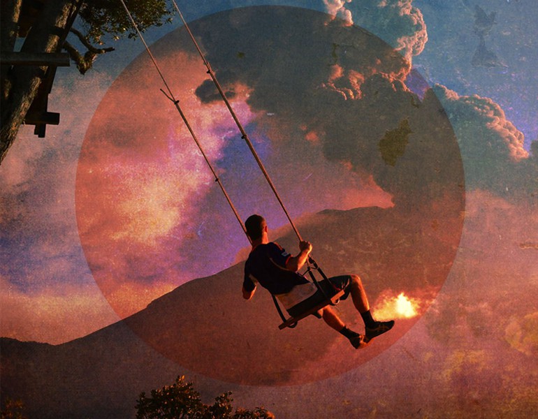 A man on a swing tied to a tree, with the moon and a mountain as a background as part of artistic editing.