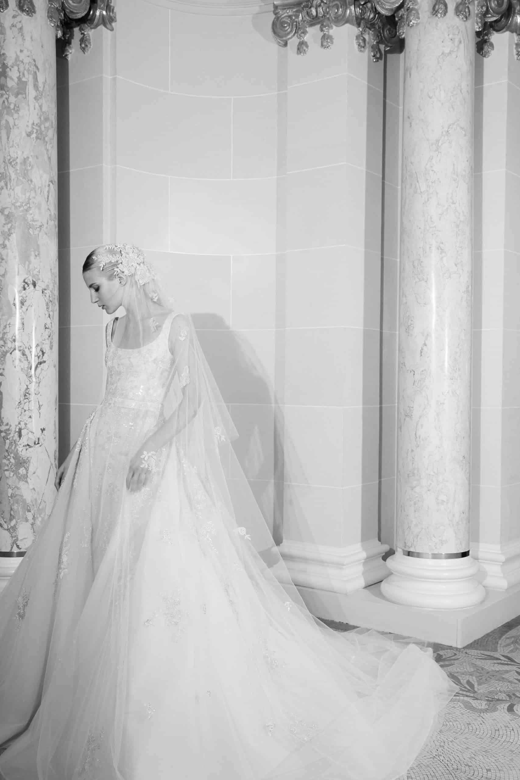 wedding dress a-lined with lace veil by Elie Saab