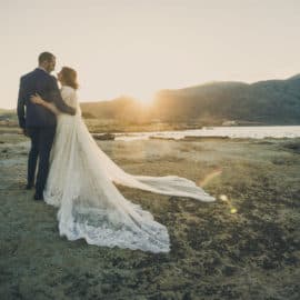 Wedding photoshoot at the sea with mountains in the background, by Cimelio Team Petros Pattakos.