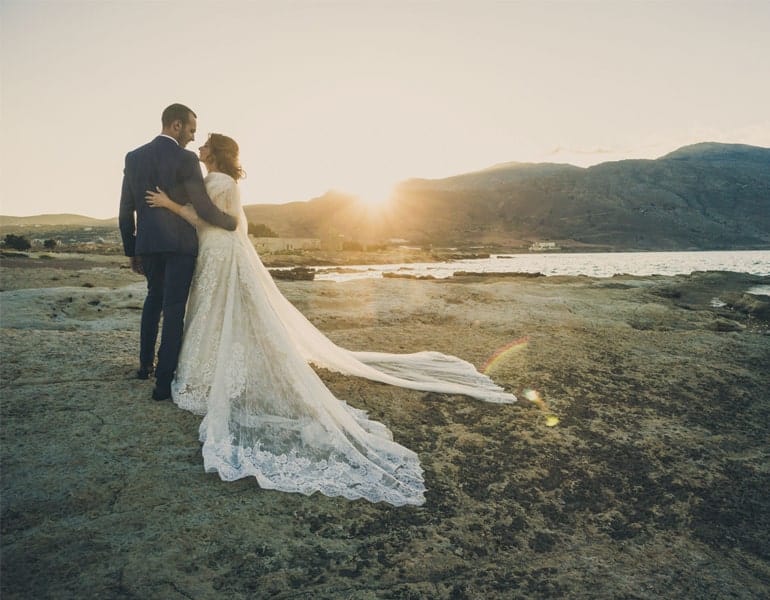 Wedding photoshoot at the sea with mountains in the background, by Cimelio Team Petros Pattakos.