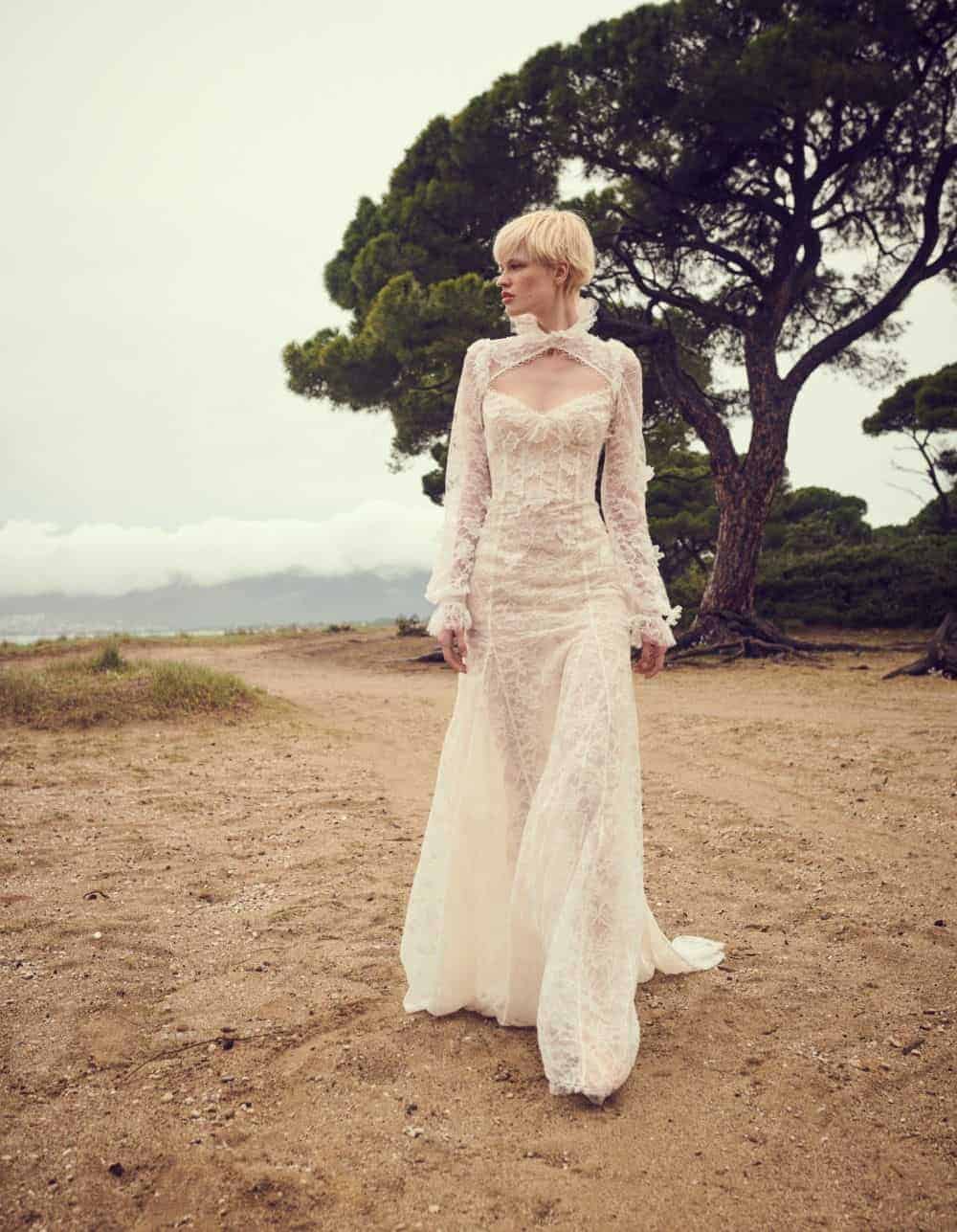 wedding dress with lace and collar by Costarellos