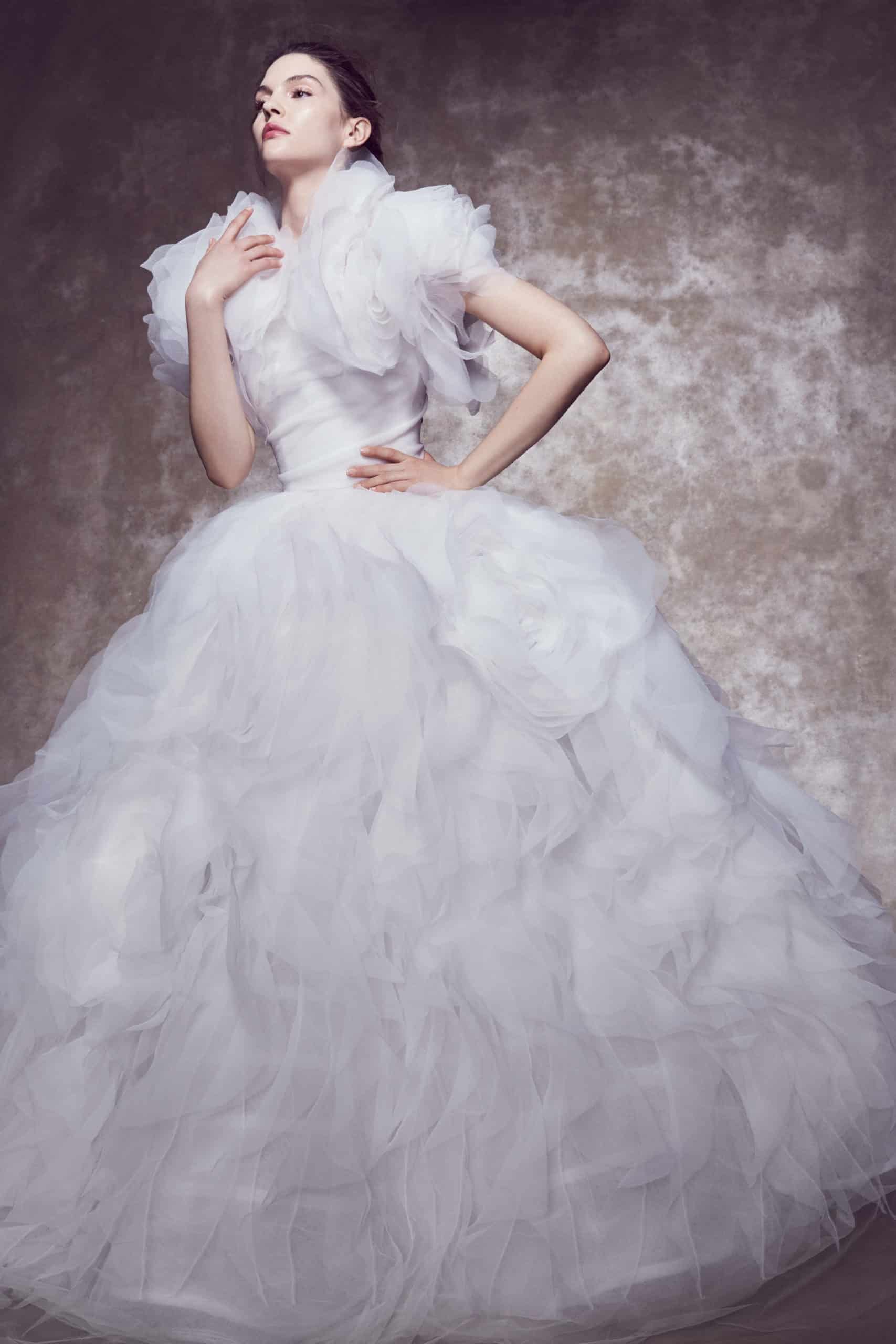 princess line wedding dress with large tulle sleeves by Marchesa