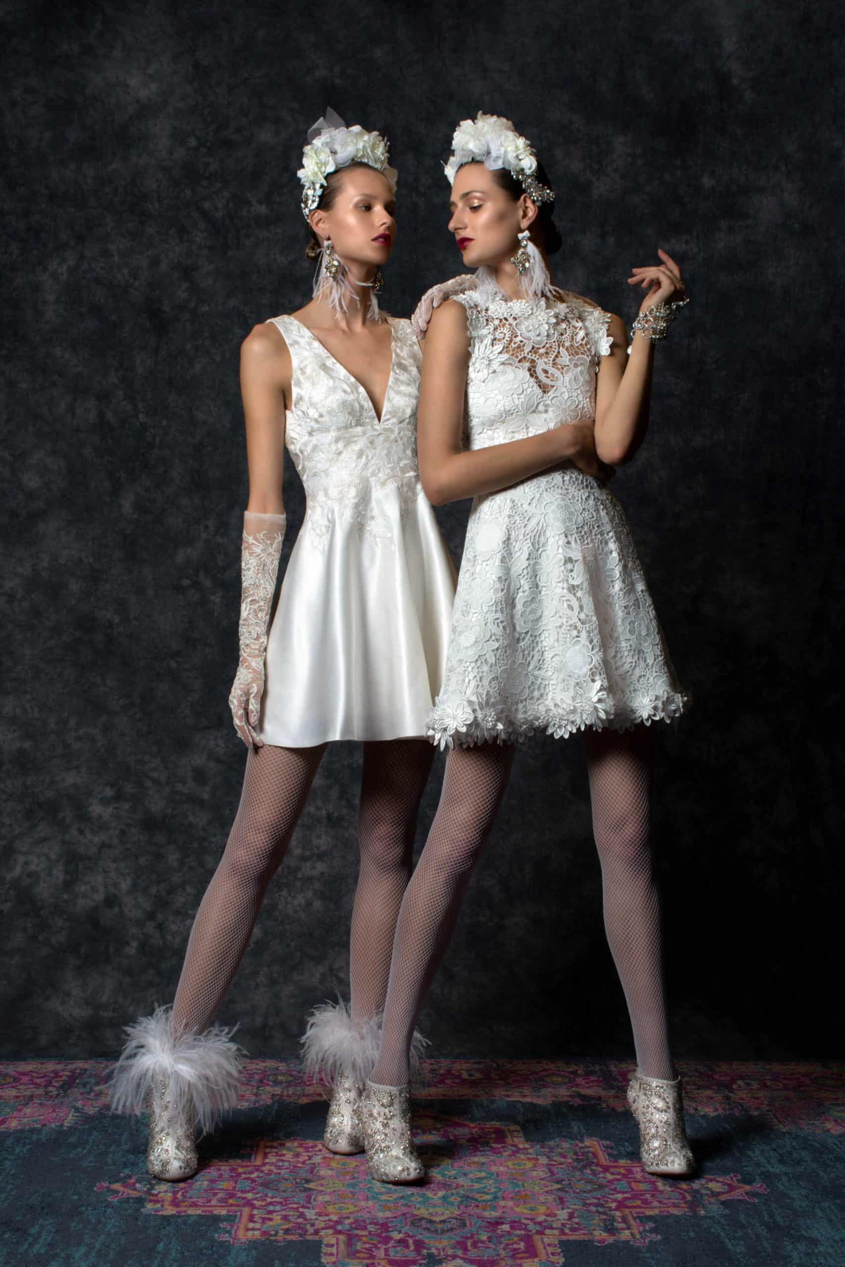 short wedding dresses with satin and lace gloves by Naeem Khan