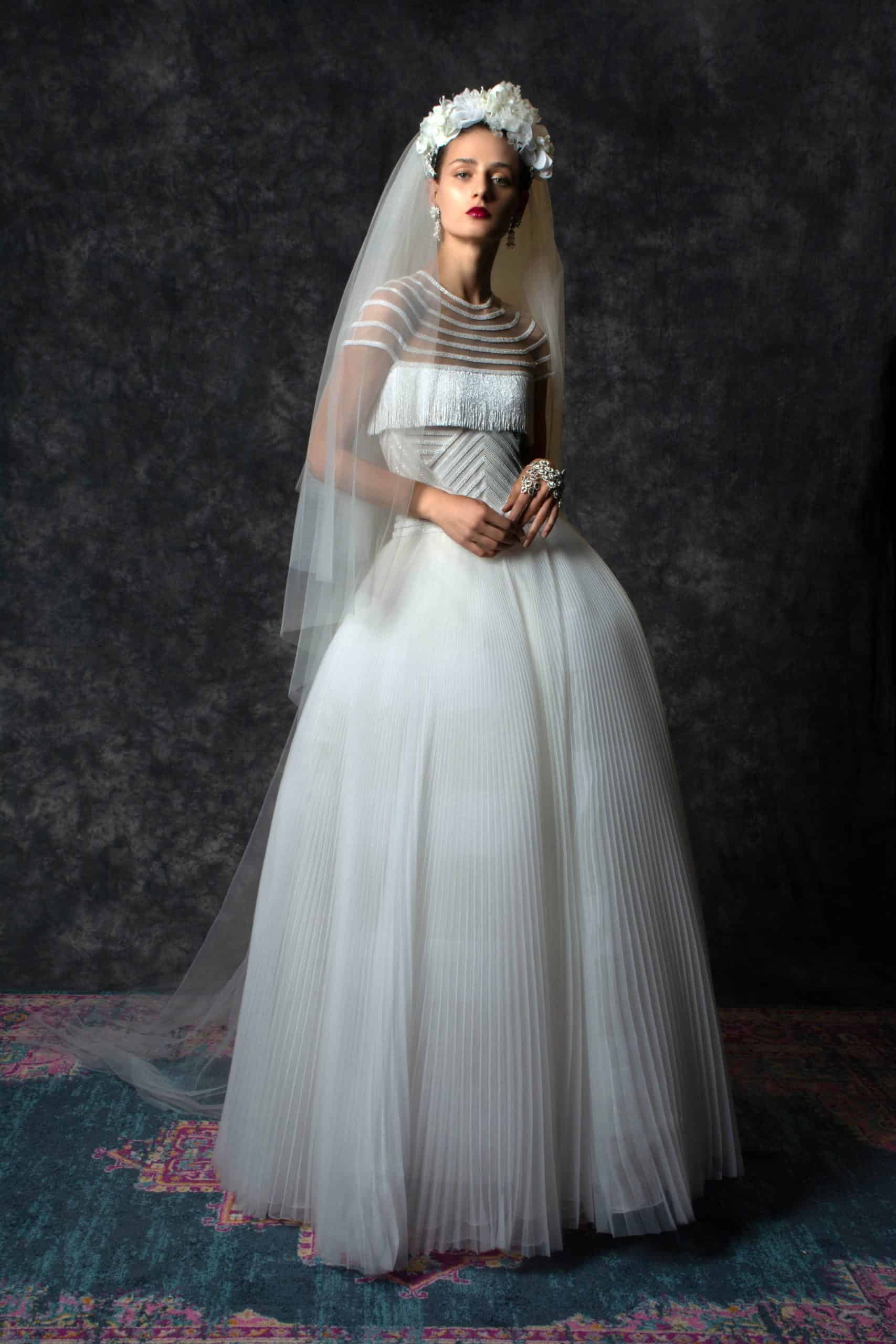 wedding dress with pleated skirt by Naeem Khan