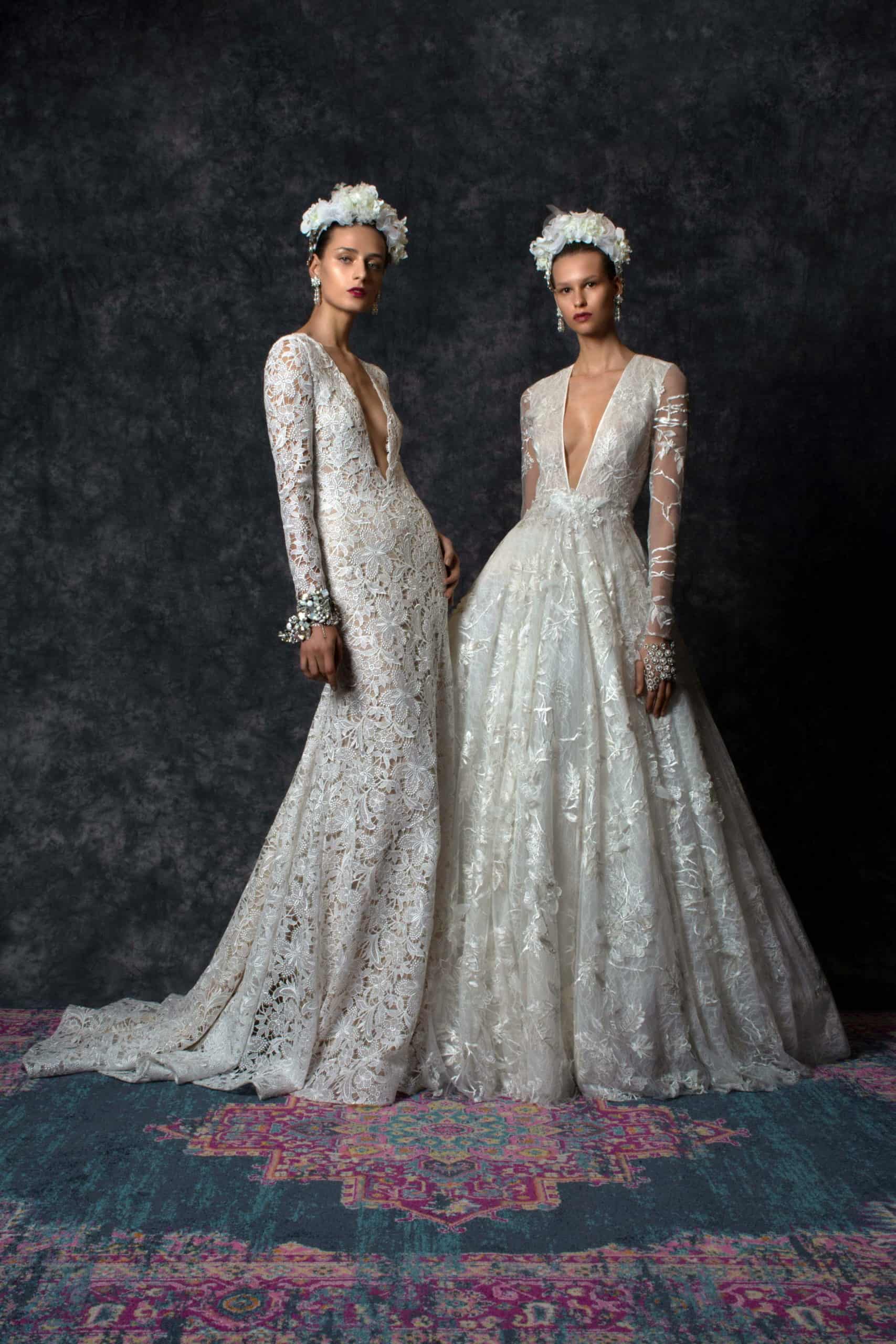 laced wedding dresses with long sleeves and pearls by Naeem Khan