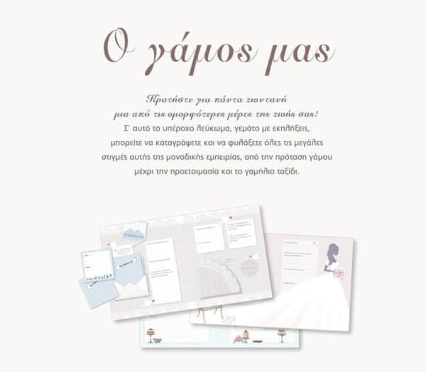 Ενημερωτική εικόνα με τα περιεχόμενα και τον σχεδιασμό του λευκώματος Ο Γάμος Μας,